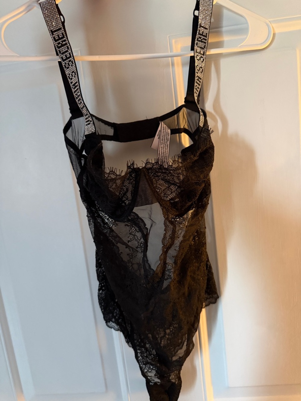 Victoria's Secret Black Sheer Lace Bodysuit with Embellished Logo Straps